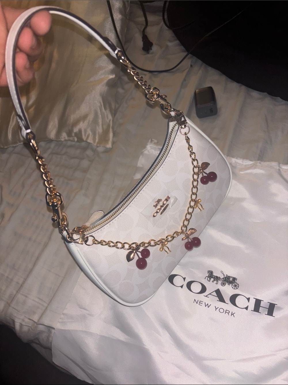 Coach White Signature Shoulder Bag with Cherry Charm Chain